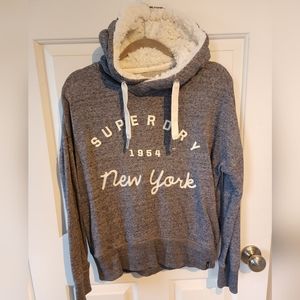 Superdry hoodie with fuzzy hood, size small. Grey